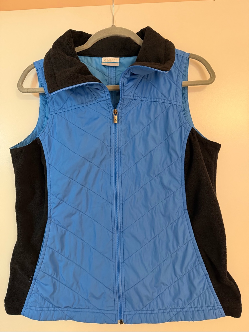 Columbia Blue Quilted Vest with Black Fleece Panels
